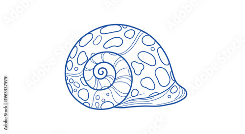 Detailed blue line art illustration of a spiral seashell with various spotted and wavy patterns on a plain white background.