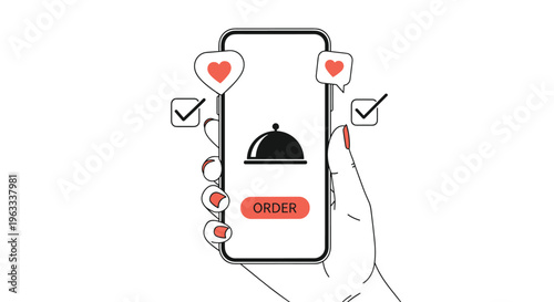 Hand holding a mobile phone displaying a food delivery order screen with a cloche icon heart bubbles and checkmarks.
