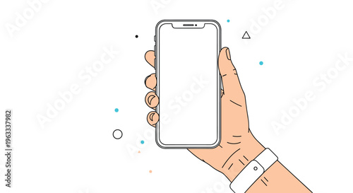 Hand with a white fitness tracker holding a smartphone vertically with a blank white display surrounded by abstract geometric dots.