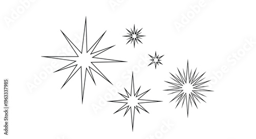 Minimalist vector illustration of five black starburst sparkles of various sizes and shapes scattered on a plain white background.