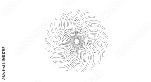 Abstract circular sunburst pattern composed of numerous radiating curved dashed lines creating a sense of rotation and energy.