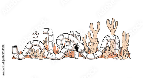 Creative illustration of a network of tangled white pipes submerged in the ocean surrounded by coral reefs and air bubbles.