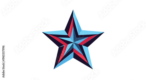 Bold three dimensional looking five pointed star designed with sharp geometric facets in shades of blue and red on a white background.