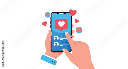 Hands holding a smartphone displaying a social media interface with profile icons and floating red heart like symbols.