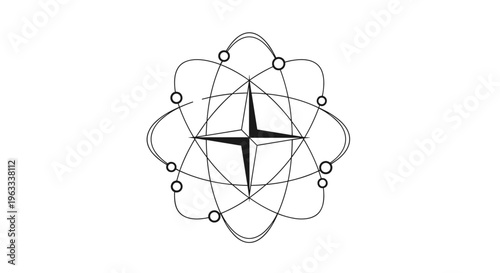 Intricate line art showing a compass star at the center of multiple elliptical orbits as a unique celestial or scientific logo.