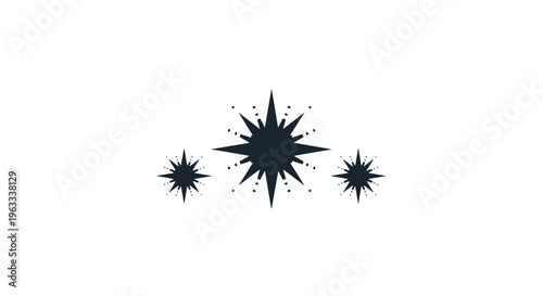 Three stylized black stars with multiple points and radiating decorative dots arranged in a row on a white surface.