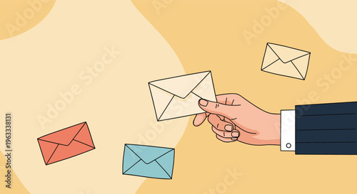 Hand emerging from a dark sleeve holding a white envelope while other envelopes float in a warm orange background.