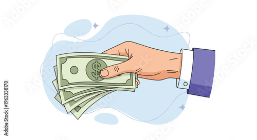 Hand of a businessman in a suit holding a fan of paper dollar bills representing financial success or payment transaction.