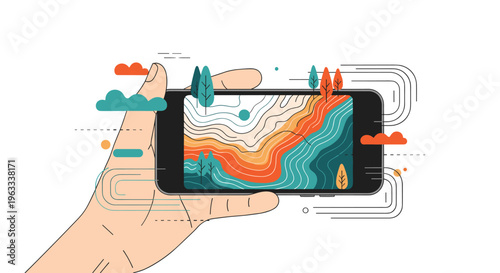 Hand holding a smartphone horizontally to display a vibrant abstract landscape illustration with trees and colorful hills.