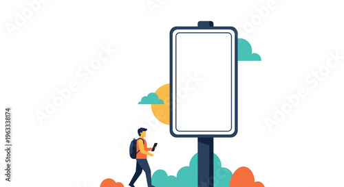 Person with a backpack walking and looking at a phone next to a large blank rectangular billboard sign on a colorful landscape.