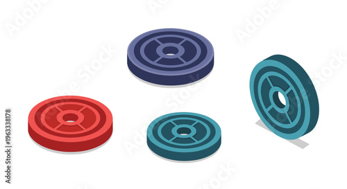 Isometric illustration of four gym weight plates in different colors including red blue and teal for fitness and bodybuilding.