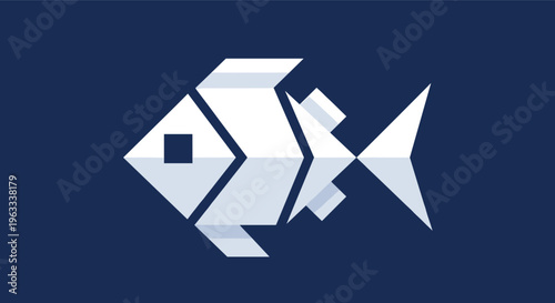 Creative geometric representation of a fish using angular shapes in shades of light blue on a dark navy blue background.