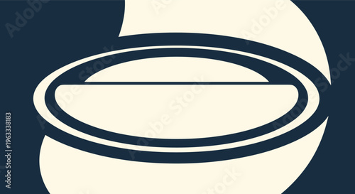 Stylized oval shape with a horizontal division line and concentric borders in dark blue on a cream and blue background.