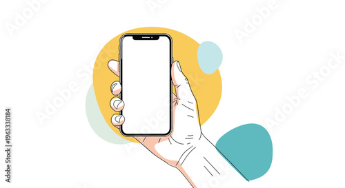 Person holding a modern smartphone with a blank white screen over colorful abstract shapes for mobile app interface presentation.