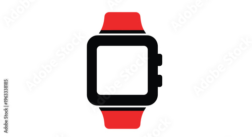 Minimalist icon representing a modern smartwatch with a black body and red strap isolated on a clean white background.