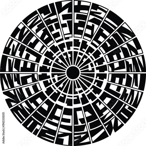 Circular non-representational geometric arrangement with black and white shapes and intricate radial symmetry for proficient layout.