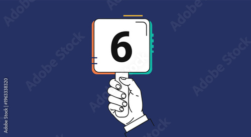 Hand holding a white paddle with a large black number six against a dark blue background for scoring or ranking.