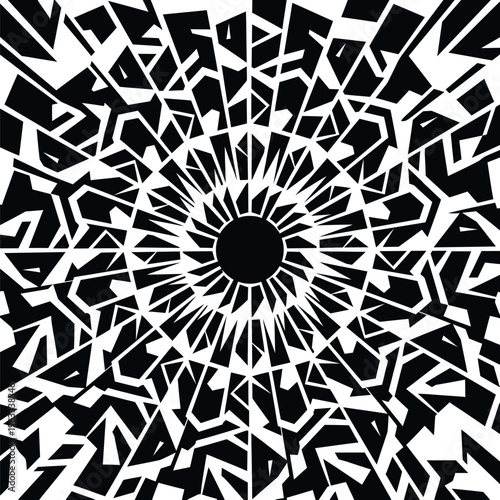 Conceptual monochrome radial layout with sharp jagged shapes, intricate textures and high resolution proficient structure.