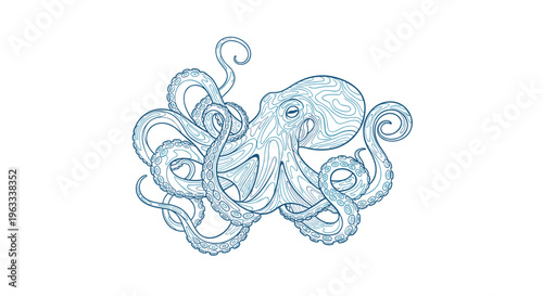 Intricate blue line art drawing of an octopus with detailed suckers on its tentacles isolated on a white background.