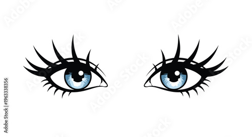 Beautiful pair of female blue eyes with long dark eyelashes and detailed iris texture looking straight forward.