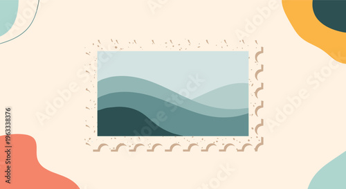 Vintage style postage stamp featuring a layered mountain landscape illustration on a warm abstract background.
