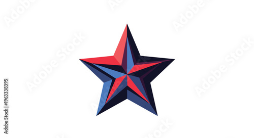 Five pointed geometric star composed of faceted red and blue segments creating a dynamic three dimensional effect.