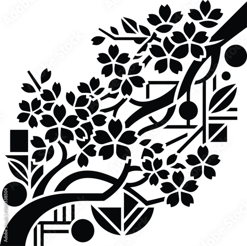Minimalist cherry blossom branch vector layout with non-representational geometric elements, a versatile high-quality adorning drawing.