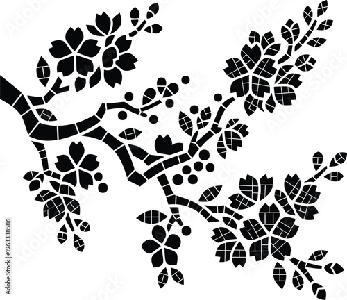 Graceful geometric black and white cherry blossom branch stencil sketch, elaborate with segmented petals and leaves.