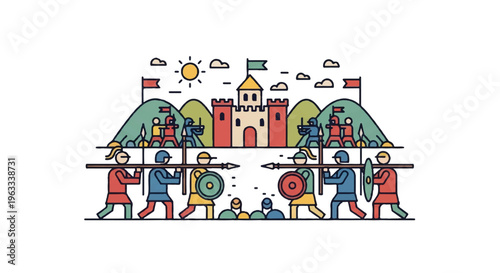 Medieval battle scene illustration soldiers castle mountain landscape