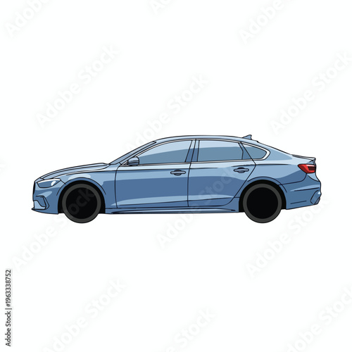 A stylized, side-view illustration of a sleek, light blue four-door sedan
