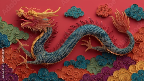 Traditional Chinese dragon papercut style illustration with gold foil accents. Intricate detailed floral patterns and multi-layered paper art concept. Premium oriental cultural heritage background