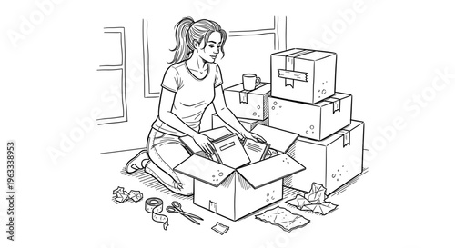 Illustration of a woman packing boxes in a bright room, surrounded by packing materials and tape, with a focus on organization and preparation
