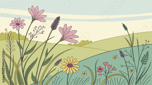 Bright wildflowers blooming in open field, soft sky background, clean flat vector style, spring and summer concept, ideal for eco and botanical themes.