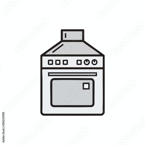 Stylized depiction of a range oven with stovetop and oven door
