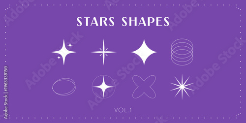 Decorative sparkle star shapes vector set.  Twinkle shapes icons, diamond and orbit ring geometric forms, glowing star and light symbols collection
