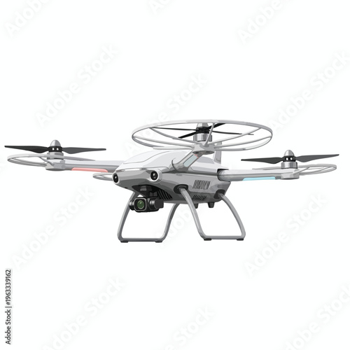 A futuristic white quadcopter drone with a gimbal-mounted camera and landing gear