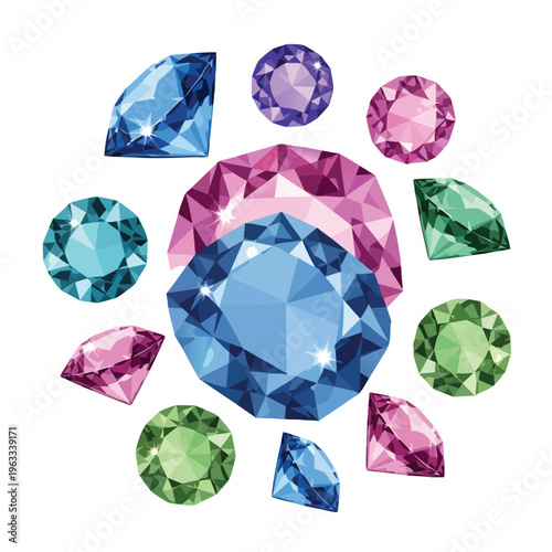 Assortment of faceted gems in blue, pink, purple, and green hues on white