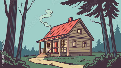 Small cabin surrounded by trees in peaceful forest setting, warm tones, minimalist vector style, countryside retreat concept for travel and lifestyle themes.