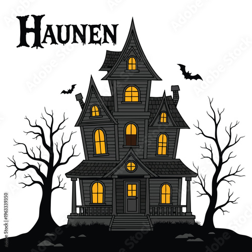 Spooky haunted house with glowing windows, bare trees, and bats