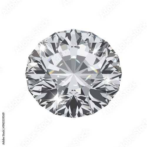 A sparkling, faceted, round diamond against a white background