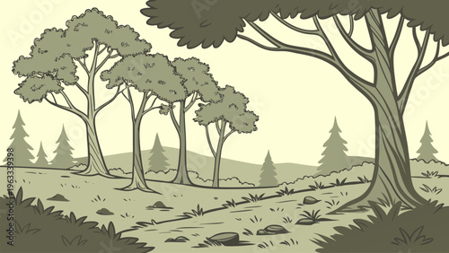 Open savanna with scattered trees and soft earthy tones, flat vintage style, wildlife habitat concept, natural scenery for travel and environment visuals.