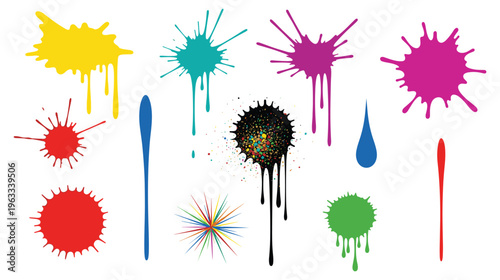 Colorful paint splatters and ink blots with drips, abstract artistic elements