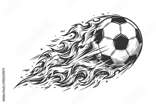 Soccer ball is illustrated speeding with energetic fiery flames symbolizing dynamic movement and power