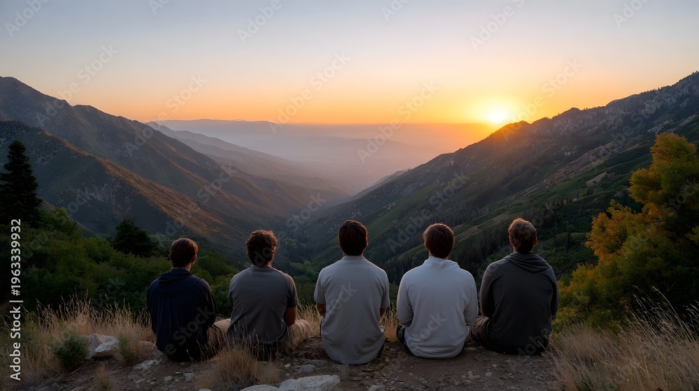 Fototapeta premium Five young men sit on a mountain ridge watching the sunset over a vast valley