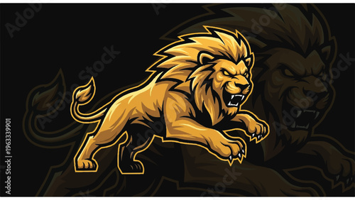 Golden Lion Illustration with Open Mouth.