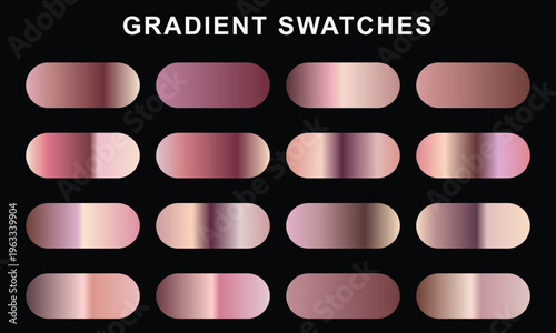 Collection of gradient swatches featuring rose gold and pink hues on a dark background, perfect for graphic design inspiration and digital art projects