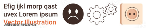 Problem-solving, emotional expression, systematic thinking, usability, production efficiency, workflow design. Sad face, gears button graphic. Problem-solving and emotional expression concept