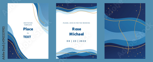 Three elegant wedding invitation templates featuring abstract blue wavy liquid shapes and delicate gold line accents with sample text layouts provided.