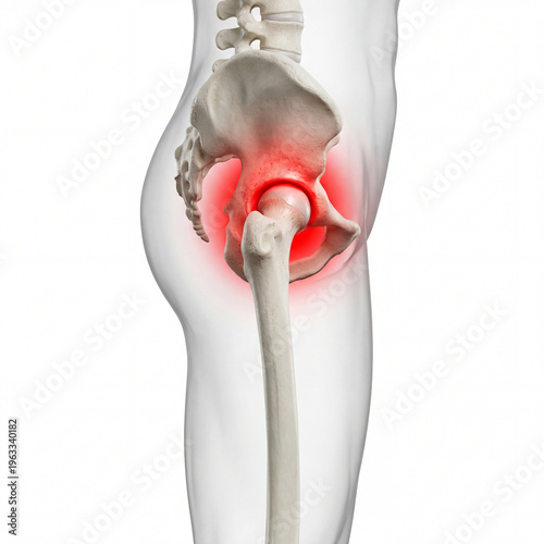Scientific 3D rendering of the human hip joint showing pain or inflammation in an anatomical skeletal body model, isolated on transparent background