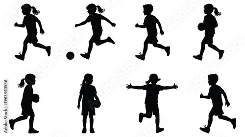 Silhouettes of children playing sports, running with balls, kicking soccer ball
